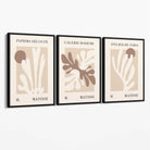 Matisse Beige and Brown Boho Botanical Set of 3 Canvas Prints with Black Float Frame