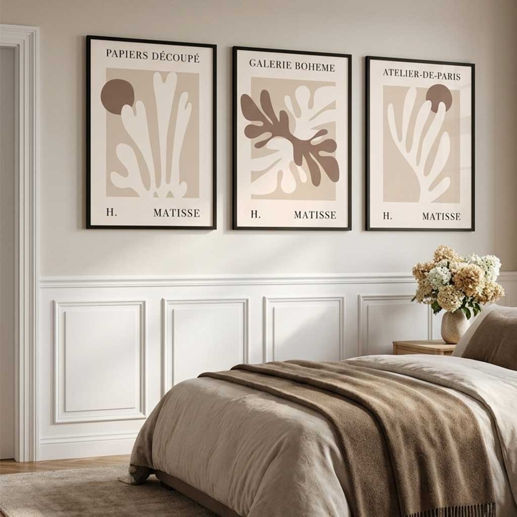 Matisse Beige and Brown Boho Botanical Set of 3 Art Prints in Black Frames | Artze UK