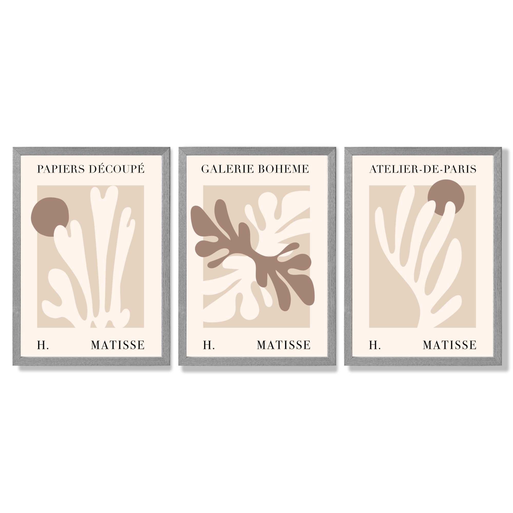 Matisse Beige and Brown Boho Botanical Set of 3 Framed Wall Art with Light Grey Wooden Frames