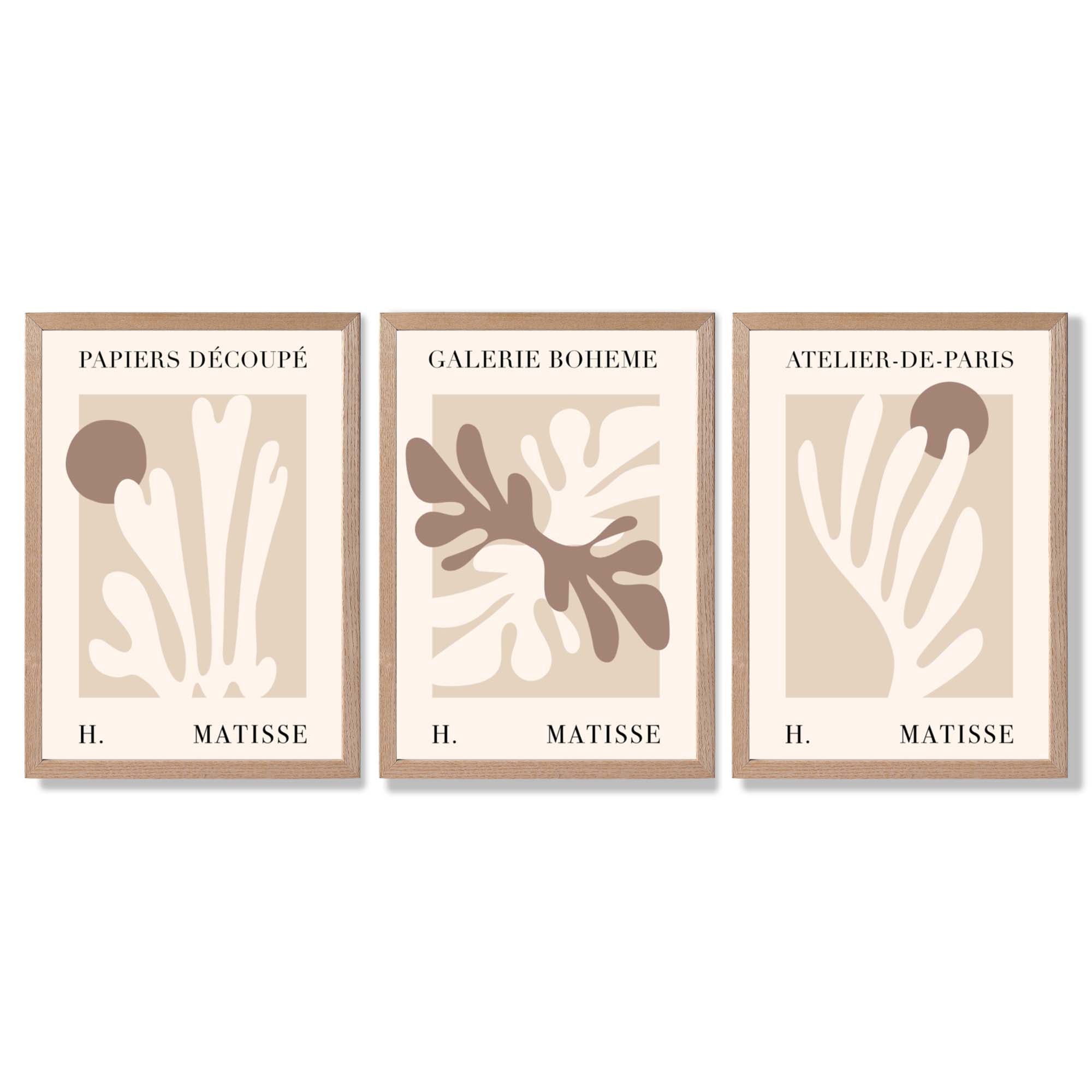 Matisse Beige and Brown Boho Botanical Set of 3 Framed Wall Art with Light Oak Frames