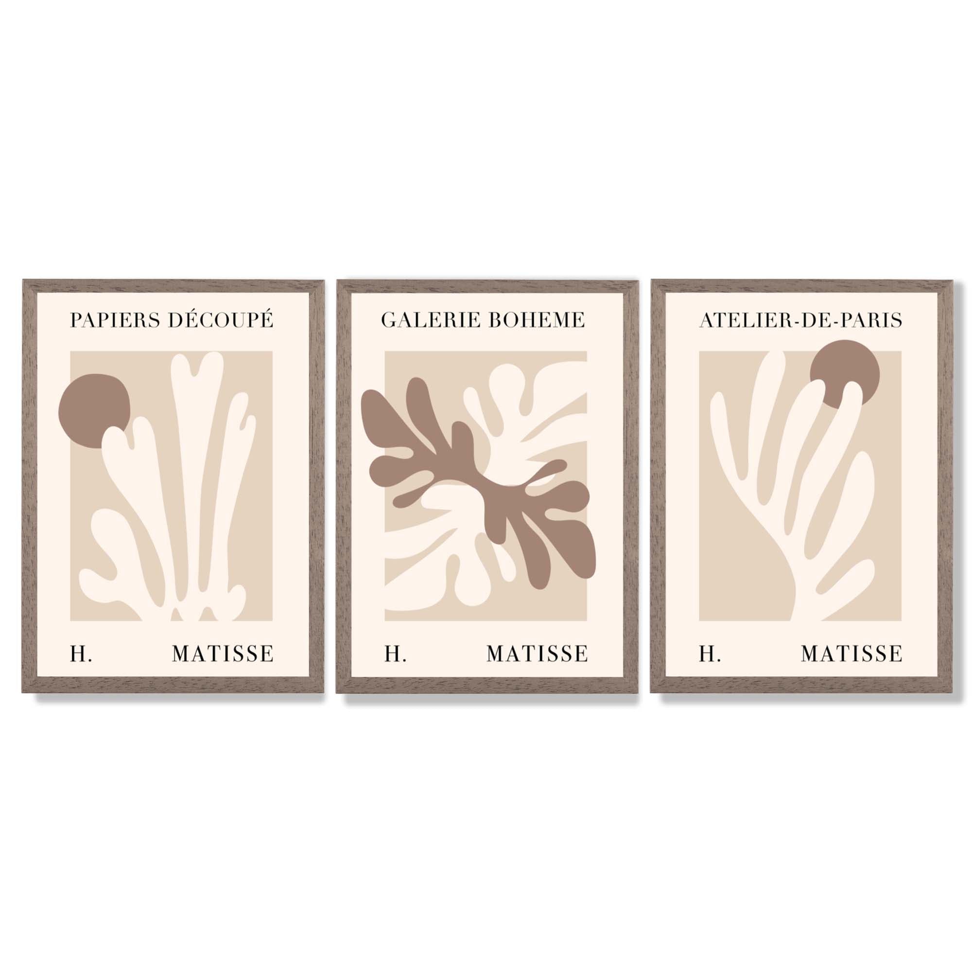 Matisse Beige and Brown Boho Botanical Set of 3 Framed Wall Art with Light Walnut Frames
