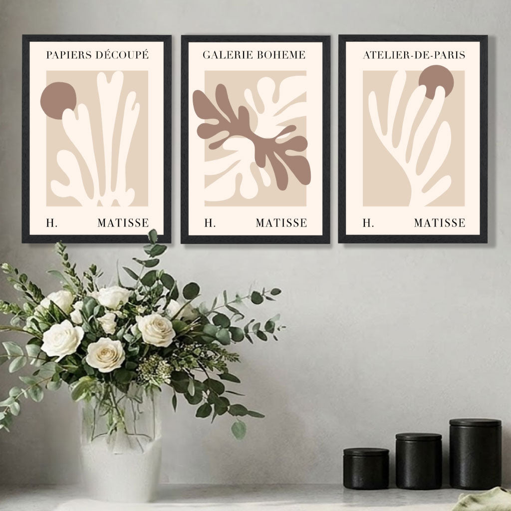 Matisse Beige and Brown Boho Botanical Set of 3 Art Prints in Oak Frames | Artze UK