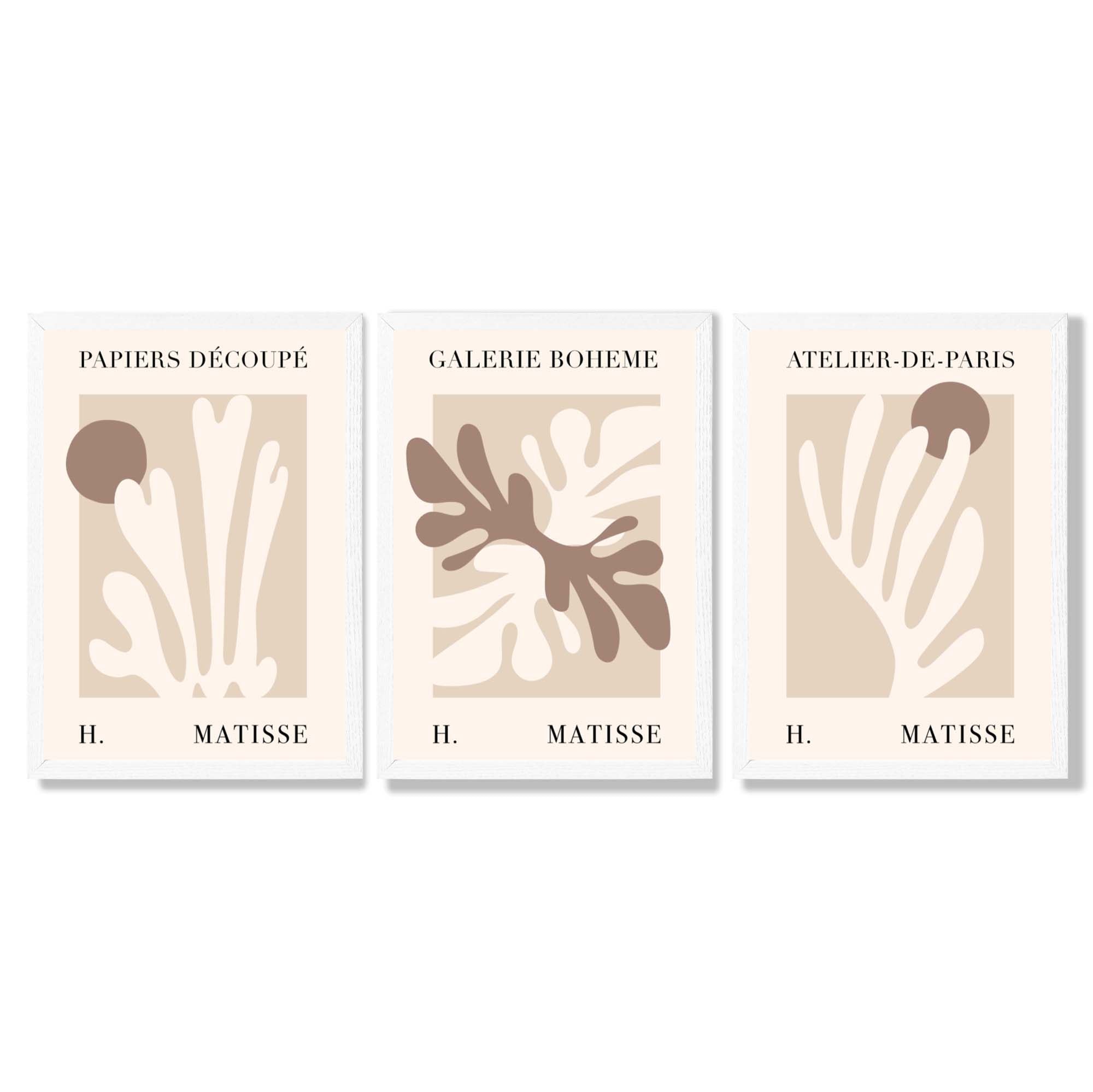 Matisse Beige and Brown Boho Botanical Set of 3 Framed Wall Art with White Wooden Frames