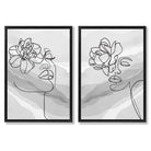 Grey Line Art Fashion Face With Flowers Set of 2 Art Prints with Black Frame