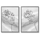 Grey Line Art Fashion Face With Flowers Set of 2 Art Prints with Dark Grey Frame