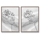 Grey Line Art Fashion Face With Flowers Set of 2 Art Prints with Walnut Frame