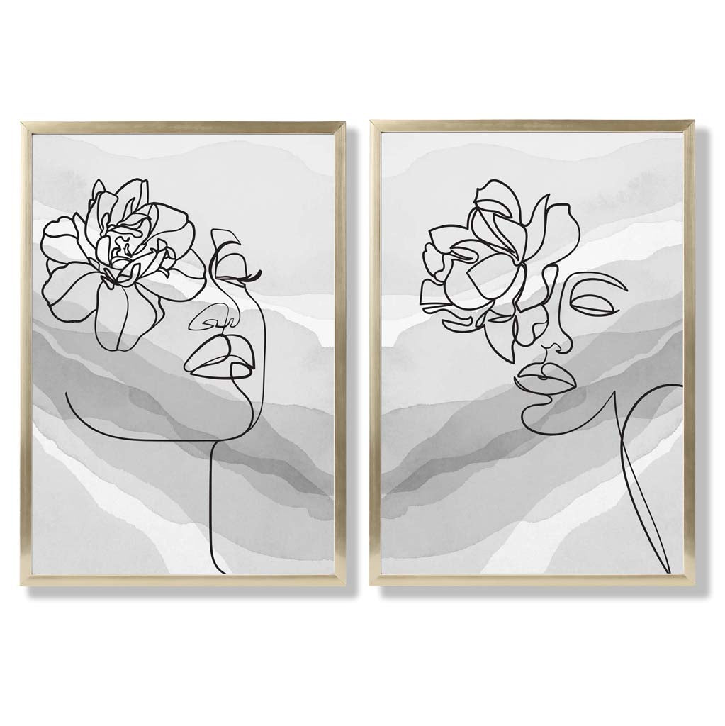 Grey Line Art Fashion Face With Flowers Set of 2 Art Prints with Gold Frame