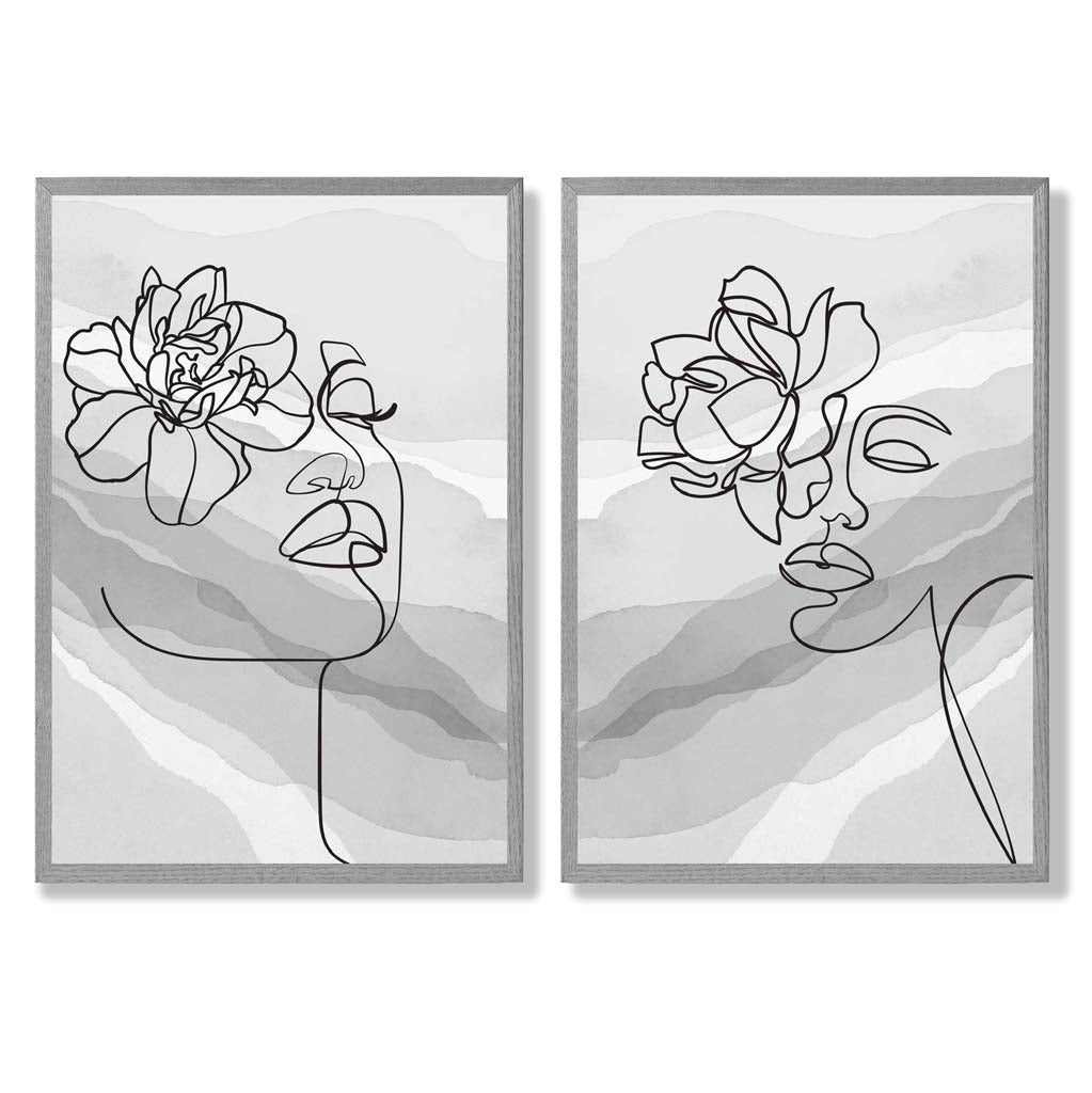 Grey Line Art Fashion Face With Flowers Set of 2 Art Prints with Light Grey Frame