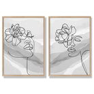 Grey Line Art Fashion Face With Flowers Set of 2 Art Prints with Oak Frame