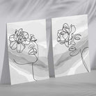 Grey Line Art Fashion Face With Flowers Set of 2 Art Prints