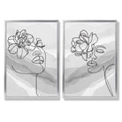 Grey Line Art Fashion Face With Flowers Set of 2 Art Prints with Silver Frame