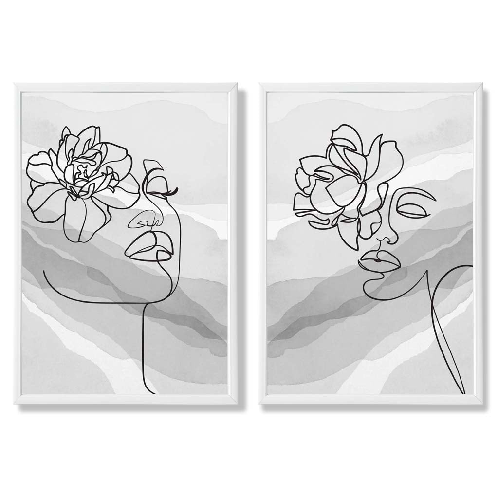 Grey Line Art Fashion Face With Flowers Set of 2 Art Prints with White Frame