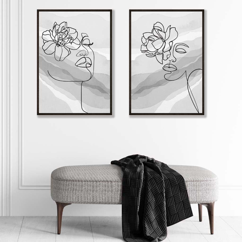 Set of 2 Grey Line Art Fashion Face and Flowers Prints | Artze Wall Art UK