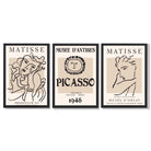 Set of 3 Beige Matisse and Picasso Modern Fashion Framed Wall Art with Black Wooden Frames