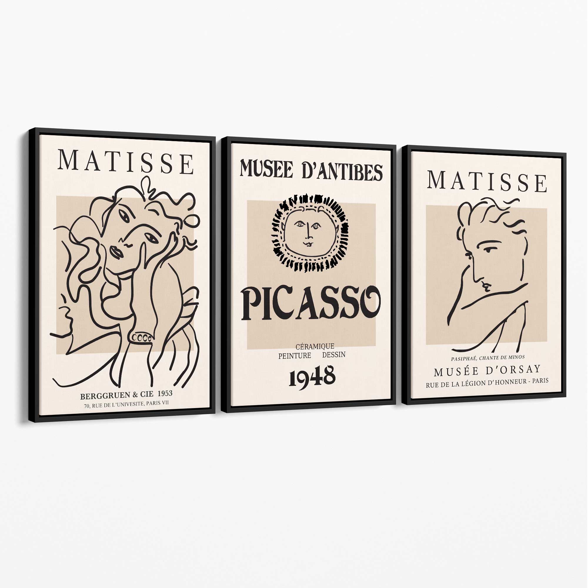 Set of 3 Beige Matisse and Picasso Modern Fashion Canvas Prints with Black Float Frame