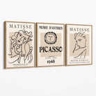 Set of 3 Beige Matisse and Picasso Modern Fashion Canvas Prints with Oak Float Frame