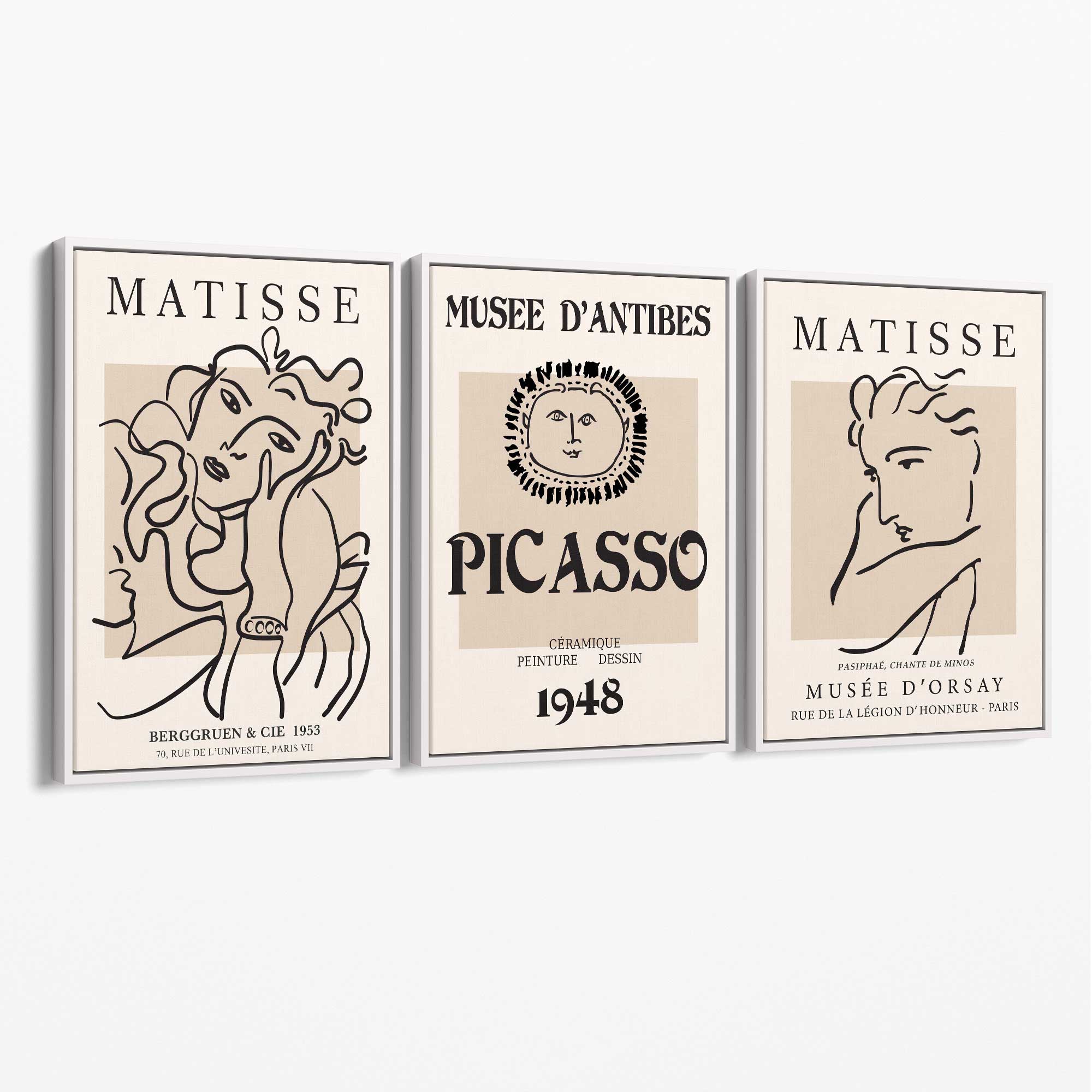 Set of 3 Beige Matisse and Picasso Modern Fashion Canvas Prints with White Float Frame