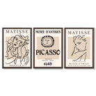 Set of 3 Beige Matisse and Picasso Modern Fashion Framed Wall Art with Dark Wood Frames