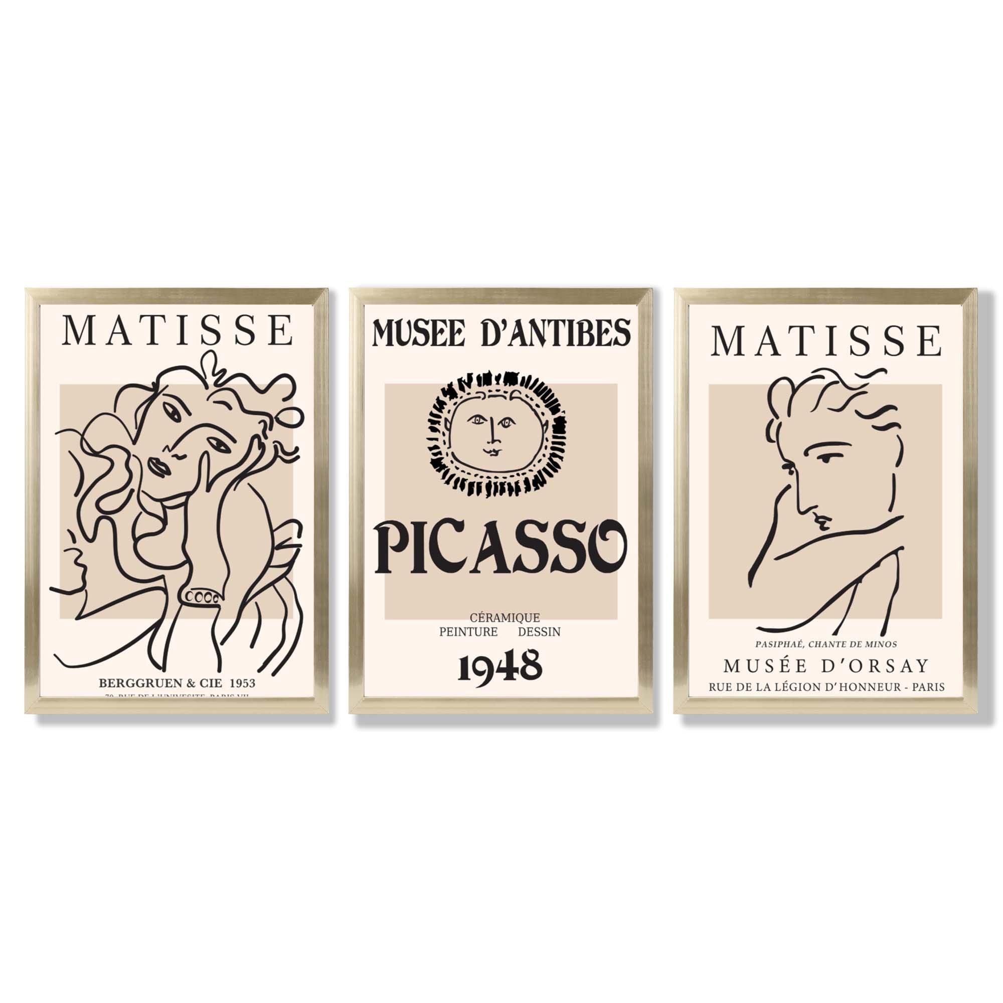 Set of 3 Beige Matisse and Picasso Modern Fashion Framed Wall Art with Gold Wood Frames