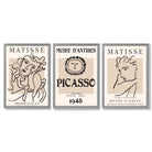 Set of 3 Beige Matisse and Picasso Modern Fashion Framed Wall Art with Light Grey Wooden Frames
