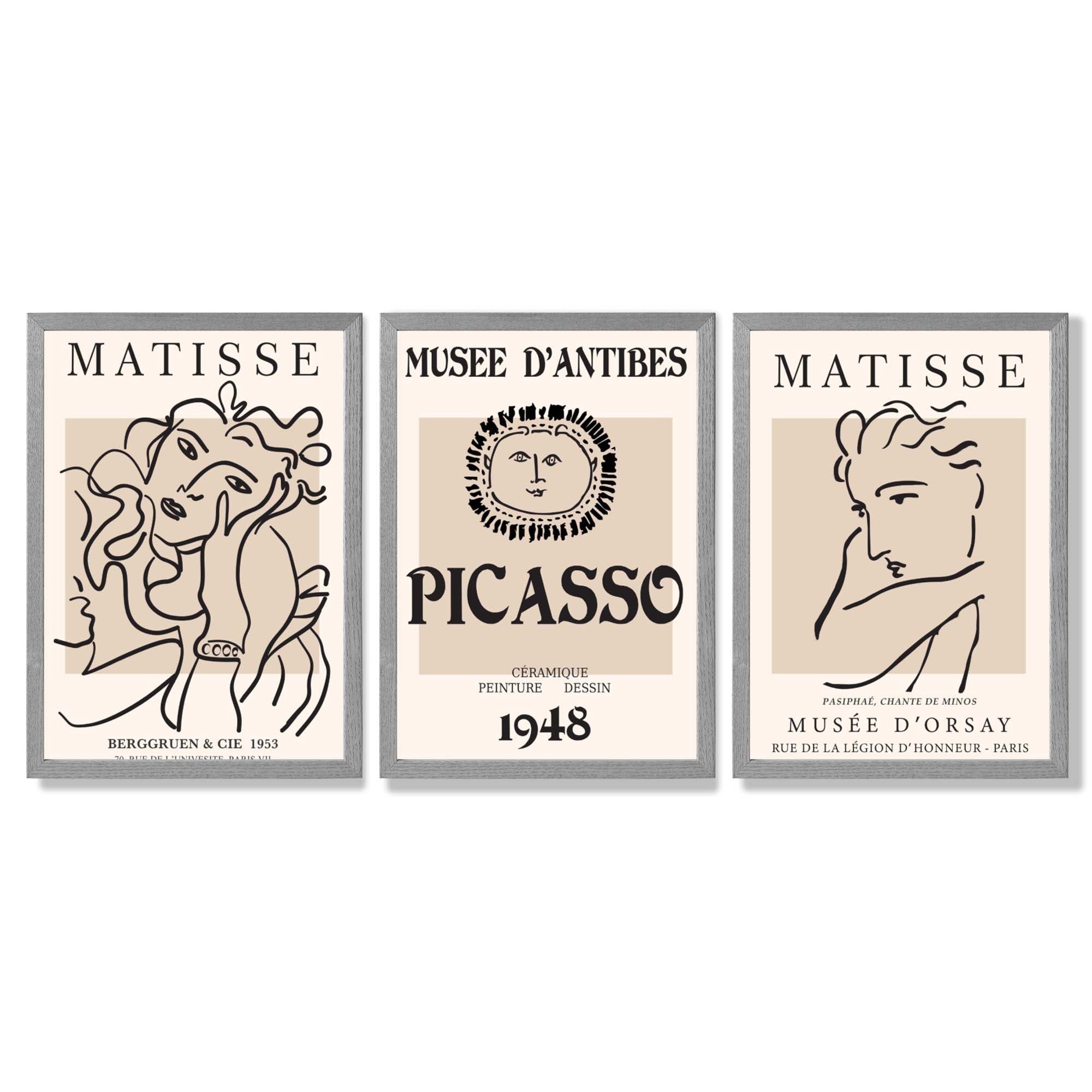 Set of 3 Beige Matisse and Picasso Modern Fashion Framed Wall Art with Light Grey Wooden Frames