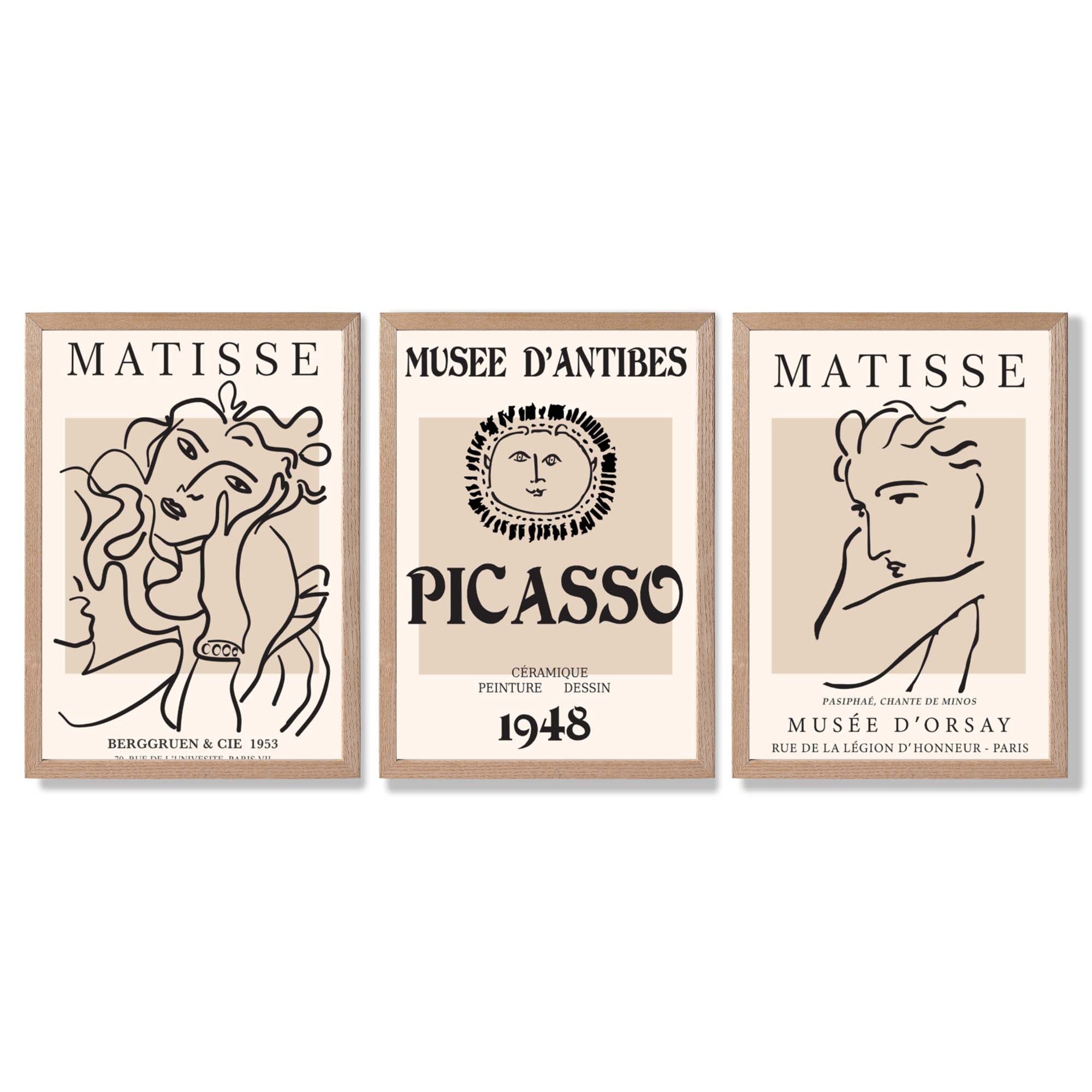 Set of 3 Beige Matisse and Picasso Modern Fashion Framed Wall Art with Light Oak Frames