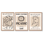 Set of 3 Beige Matisse and Picasso Modern Fashion Framed Wall Art with Light Oak Frames