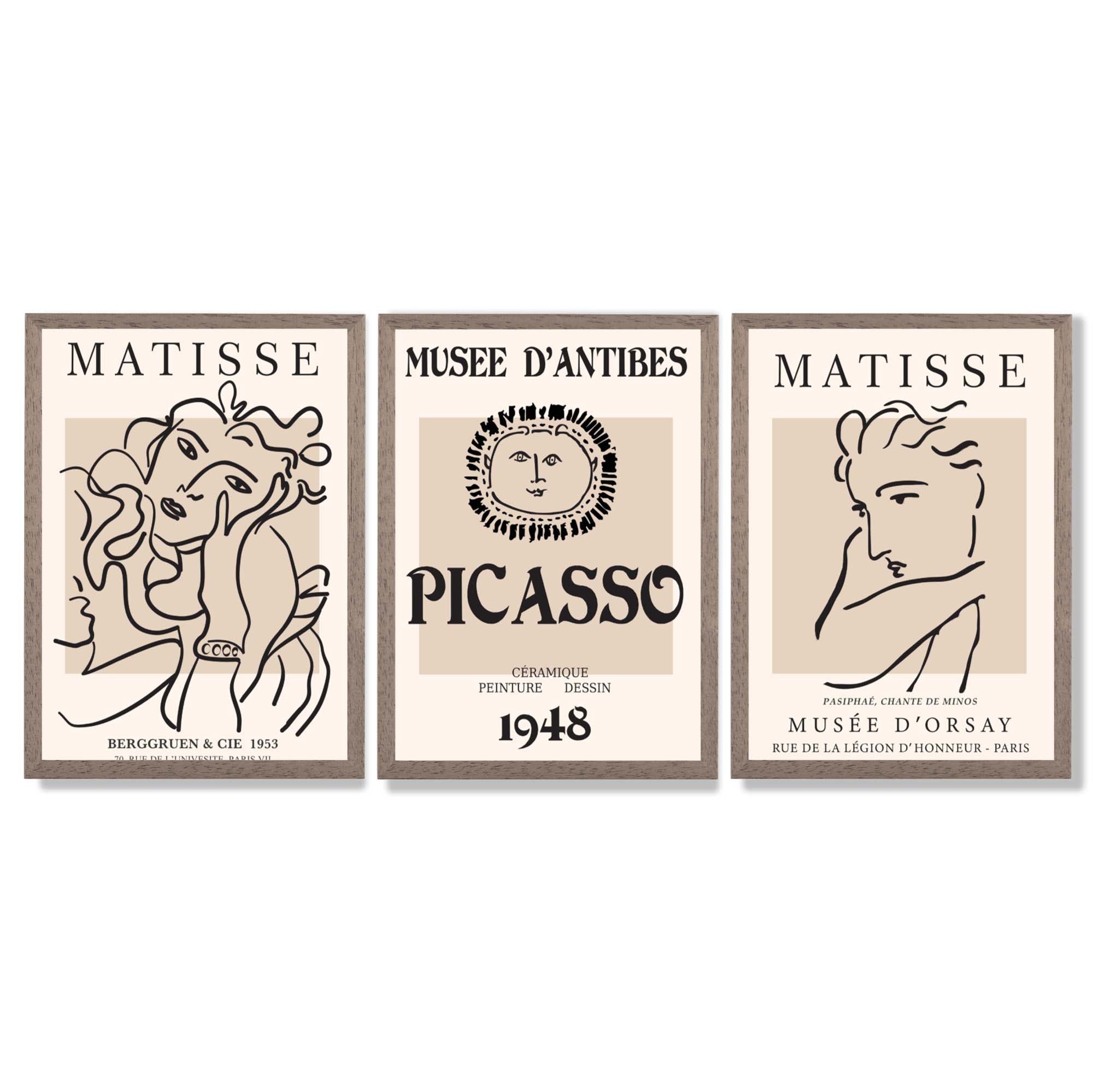 Set of 3 Beige Matisse and Picasso Modern Fashion Framed Wall Art with Light Walnut Frames