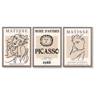 Set of 3 Beige Matisse and Picasso Modern Fashion Framed Wall Art with Light Walnut Frames