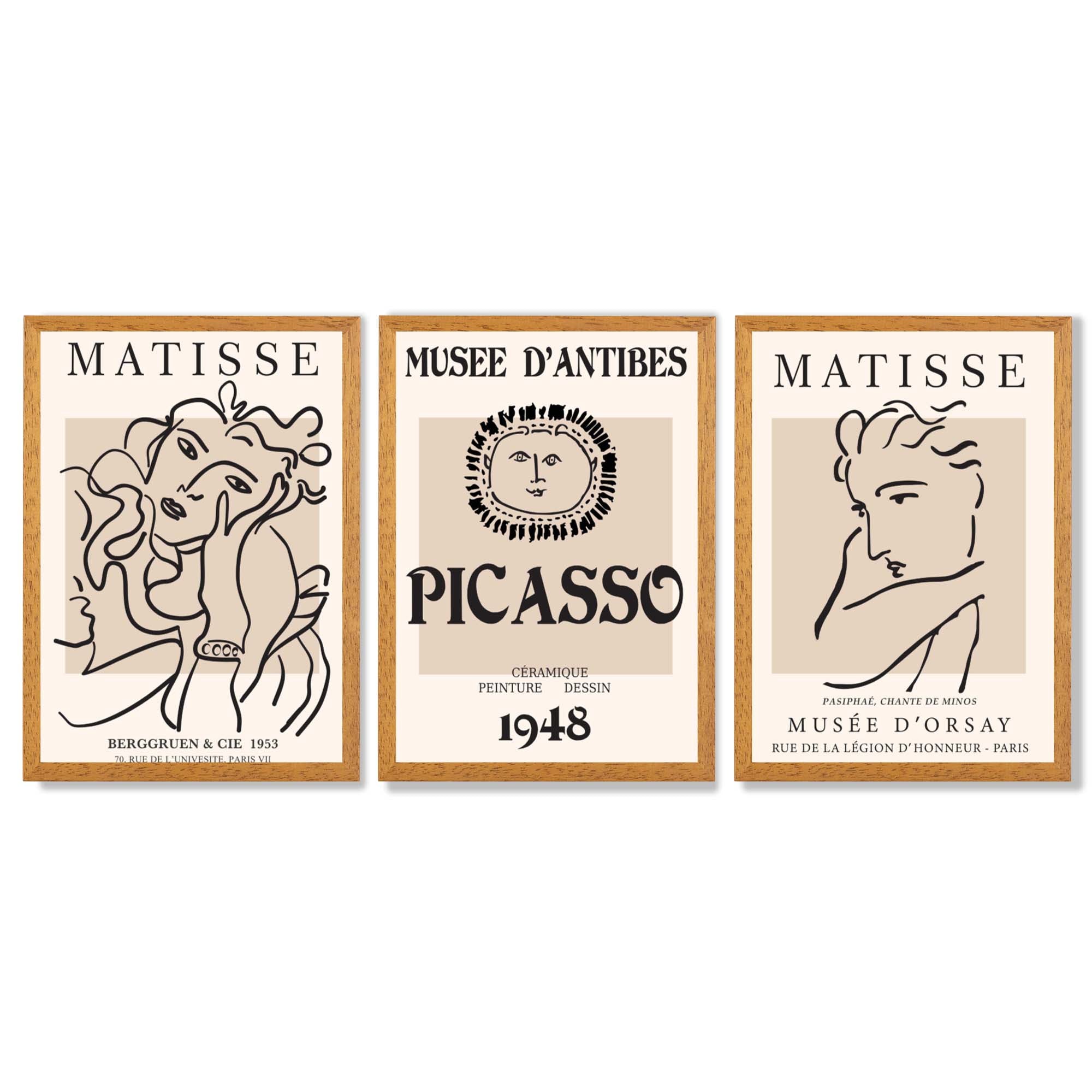 Set of 3 Beige Matisse and Picasso Modern Fashion Framed Wall Art with Oak Wooden Frames
