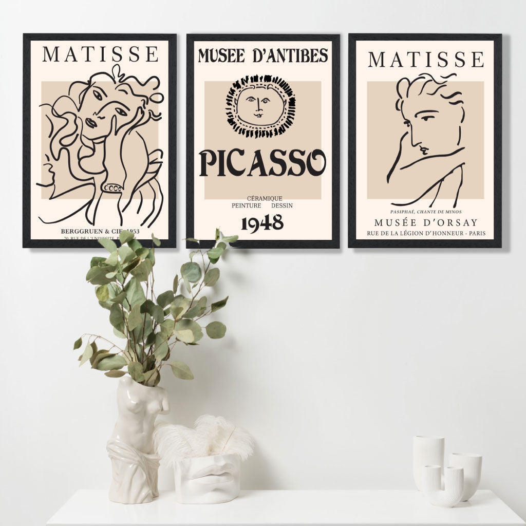 Set of 3 Beige Matisse and Picasso Modern Fashion Art Prints in Oak Frames | Artze UK