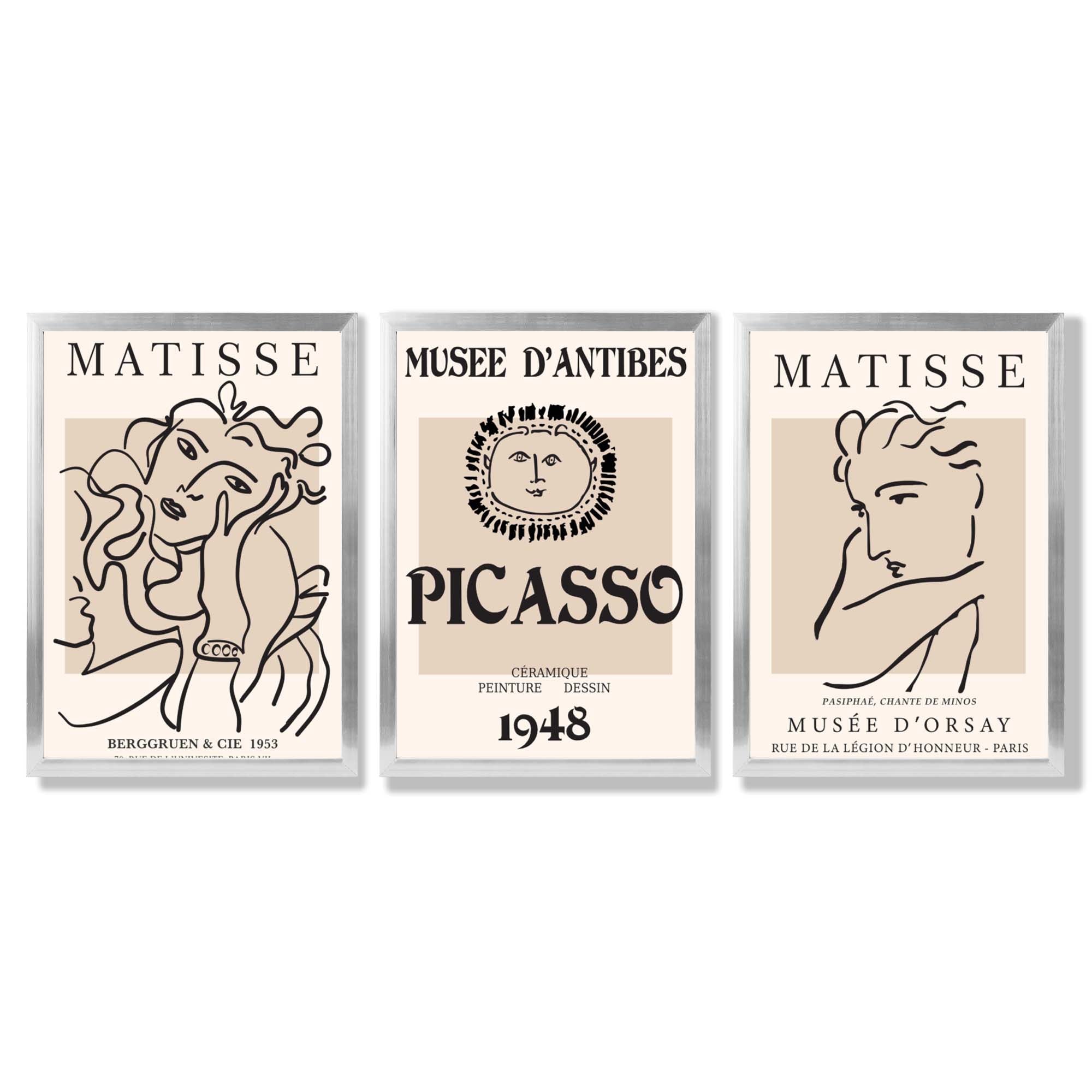 Set of 3 Beige Matisse and Picasso Modern Fashion Framed Wall Art with Silver Wood Frames