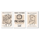 Set of 3 Beige Matisse and Picasso Modern Fashion Framed Wall Art with White Wooden Frames
