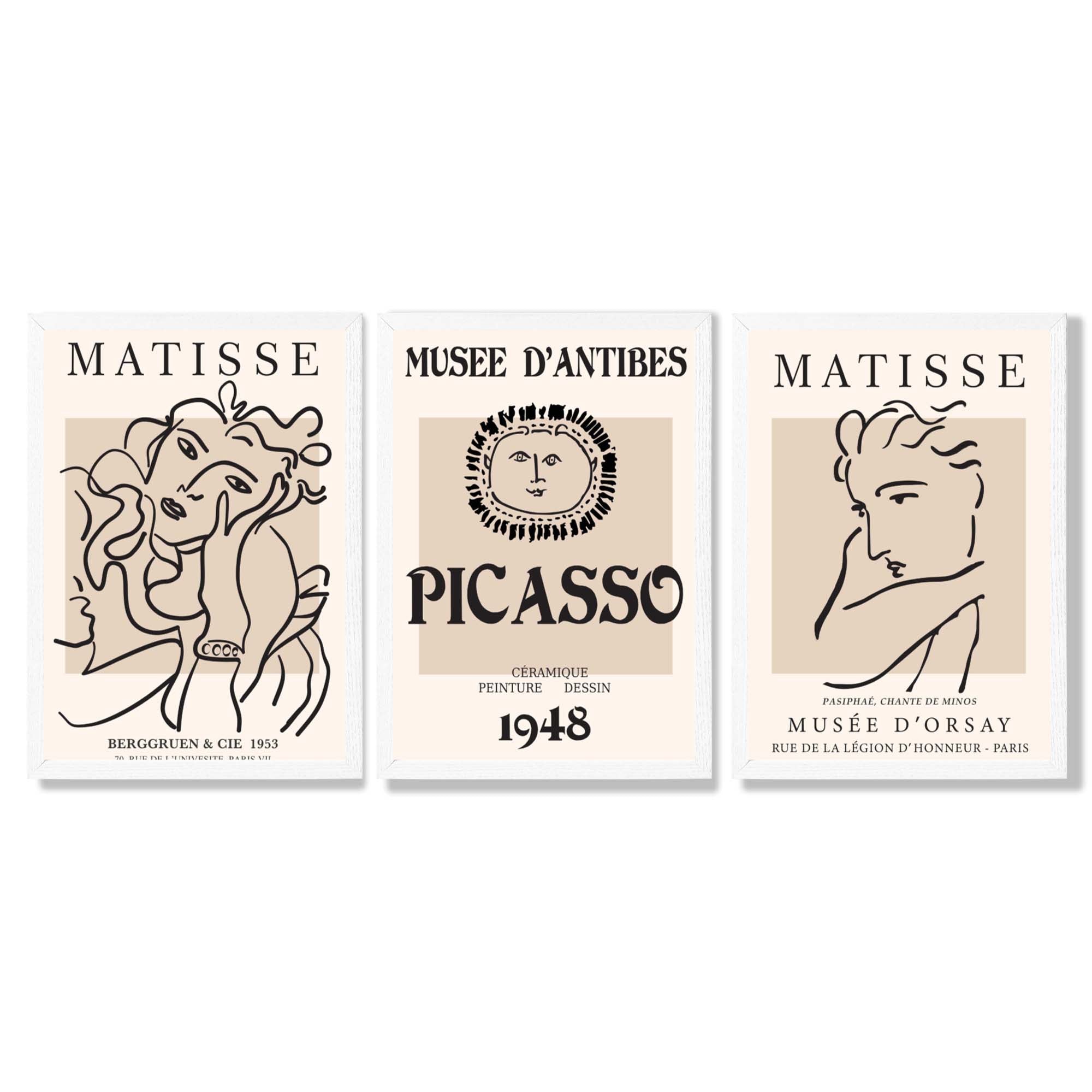 Set of 3 Beige Matisse and Picasso Modern Fashion Framed Wall Art with White Wooden Frames
