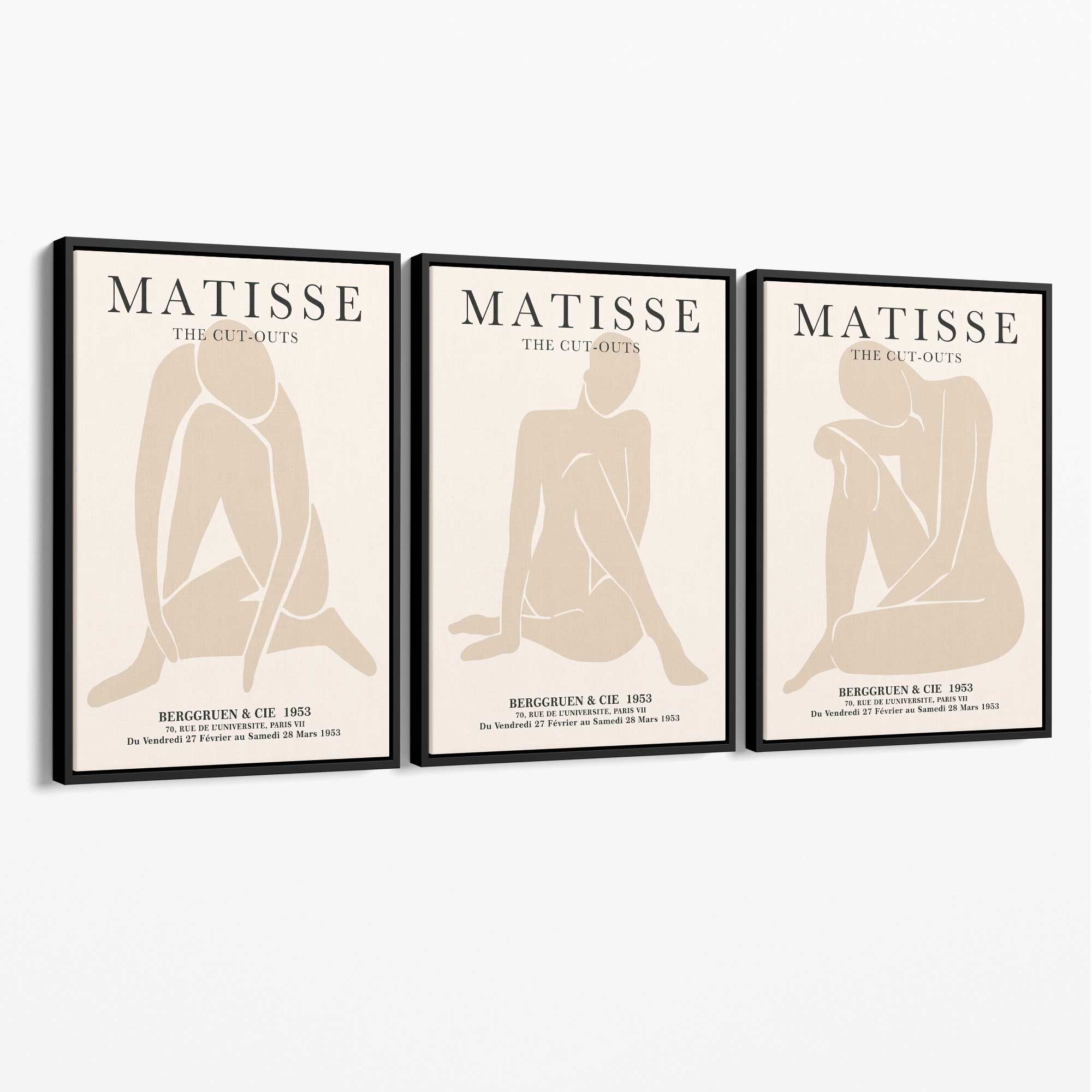 Set of 3 Beige Matisse Nude Cutouts Bedroom Canvas Prints with Black Float Frame