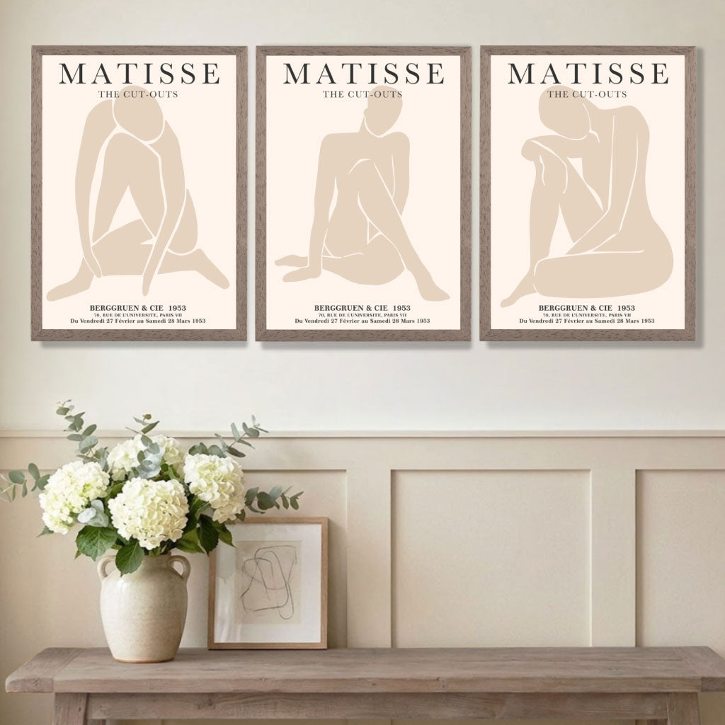 Set of 3 Beige Matisse Nude Cutouts Bedroom Art Prints in White Frames | Artze UK