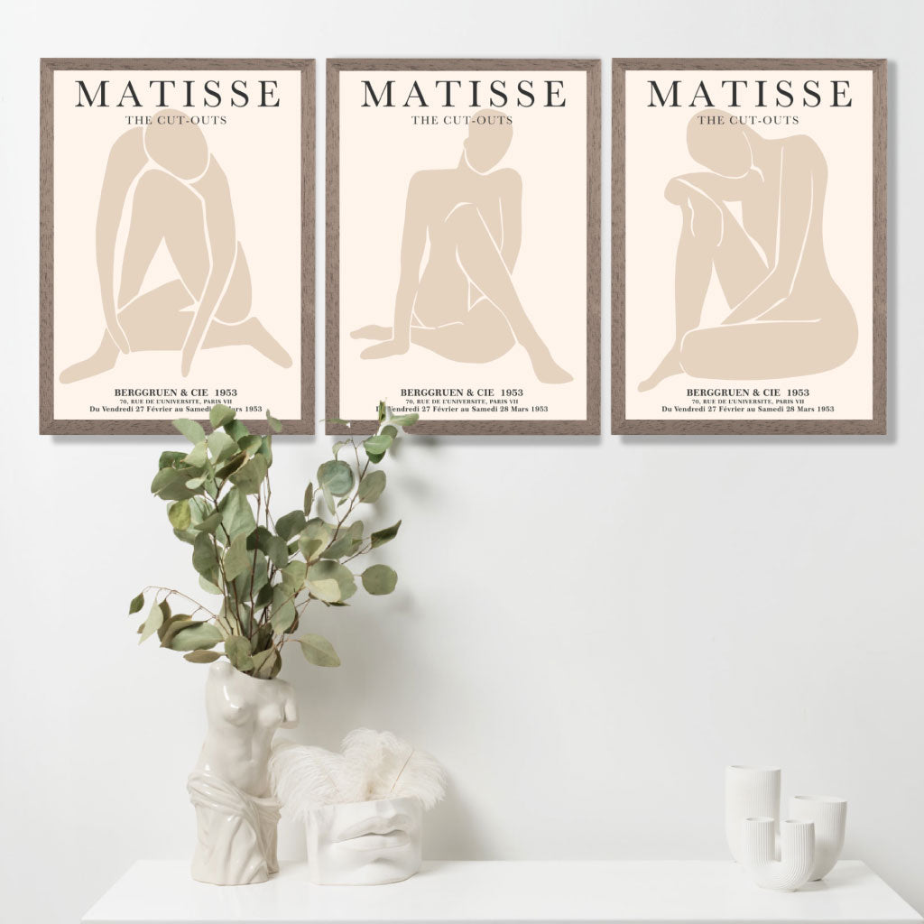 Set of 3 Beige Matisse Nude Cutouts Bedroom Art Prints in Oak Frames | Artze UK