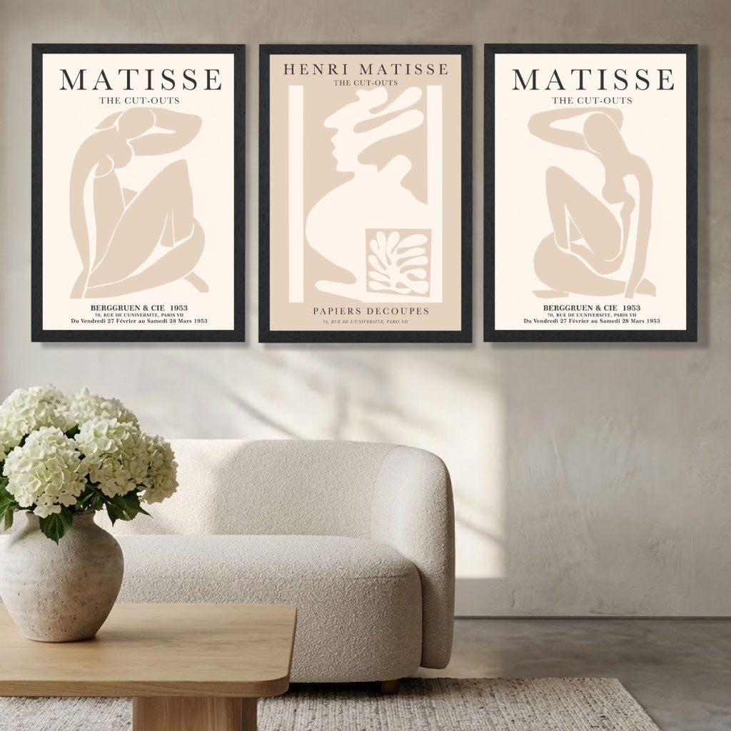 Set of 3 Matisse Neutral Fashion Bedroom Framed Wall Art with Black Wooden Frames