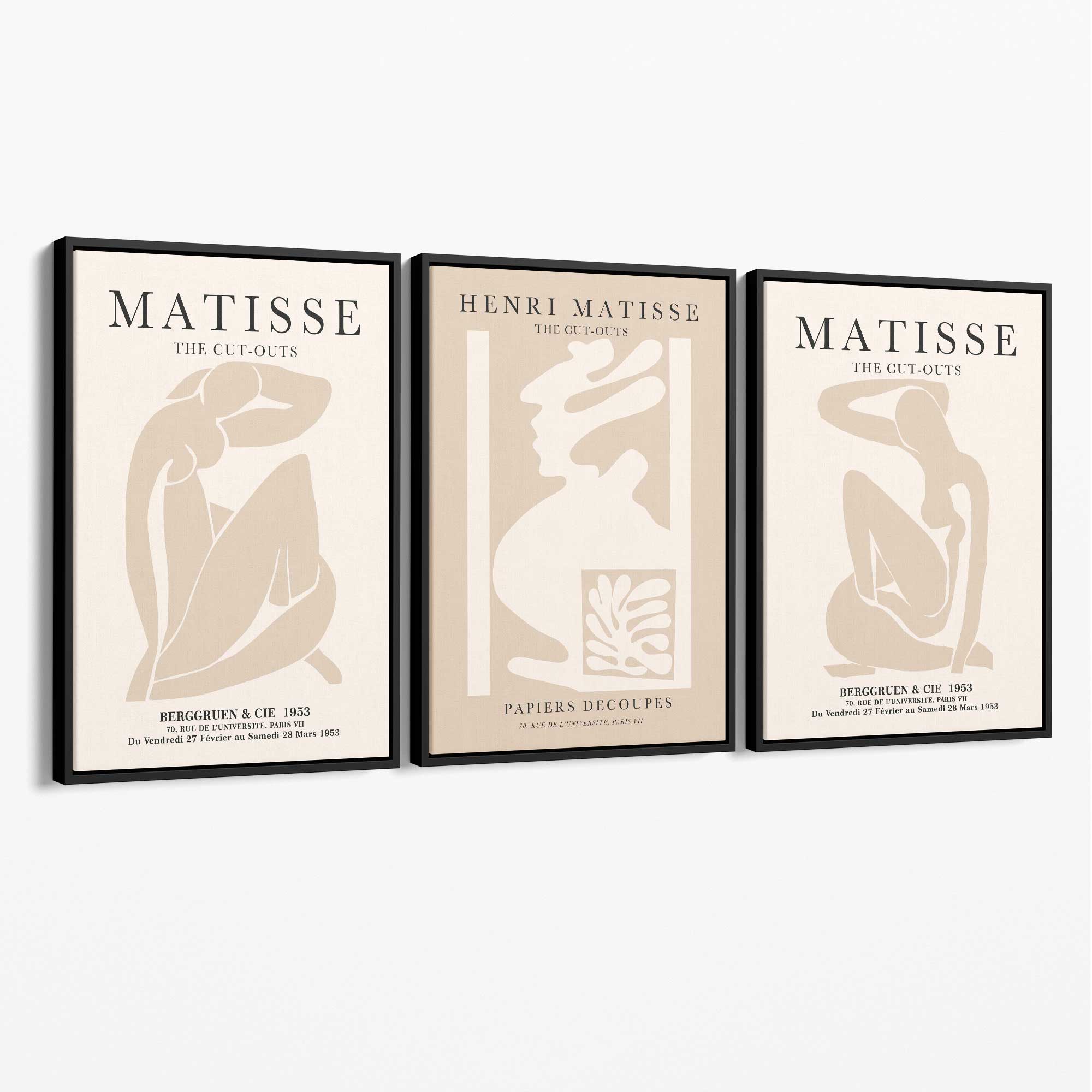 Set of 3 Matisse Neutral Fashion Bedroom Canvas Prints with Black Float Frame