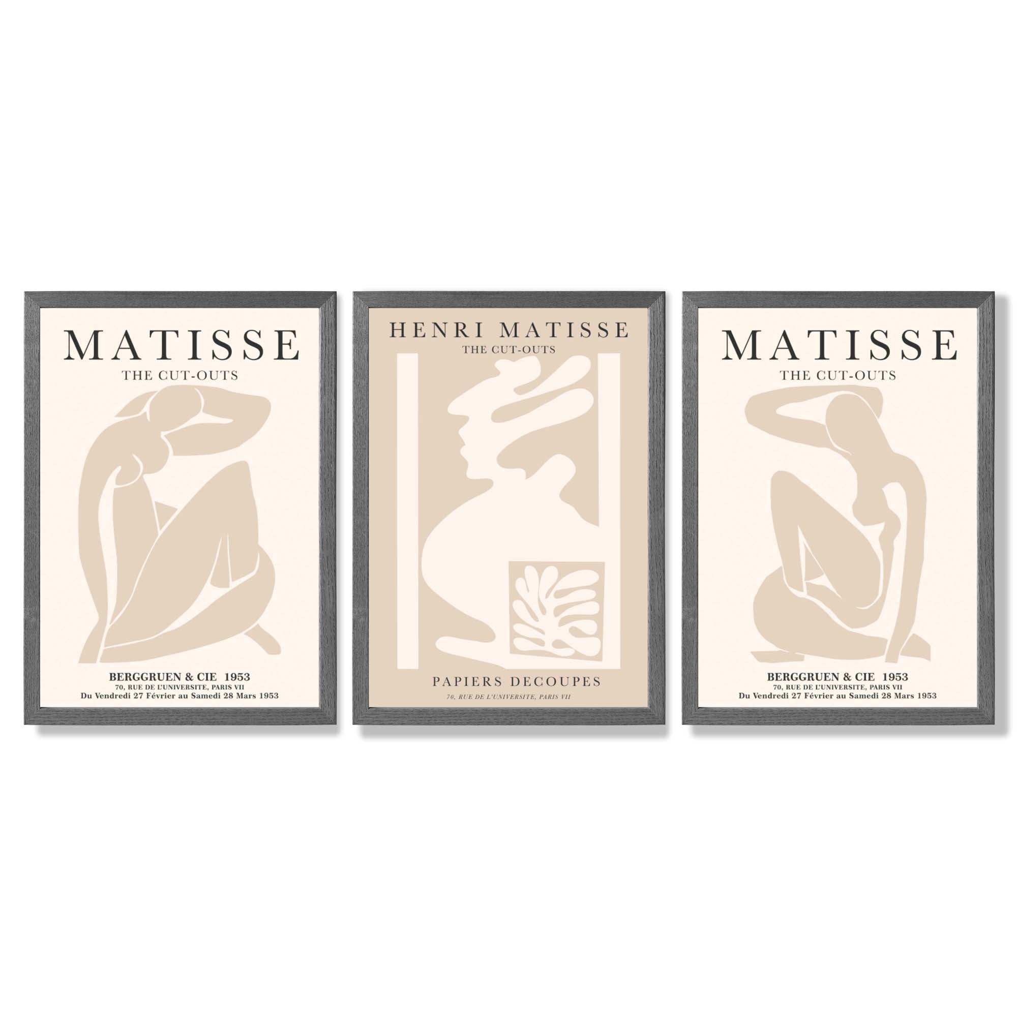 Set of 3 Matisse Neutral Fashion Bedroom Framed Wall Art with Dark Grey Wooden Frames