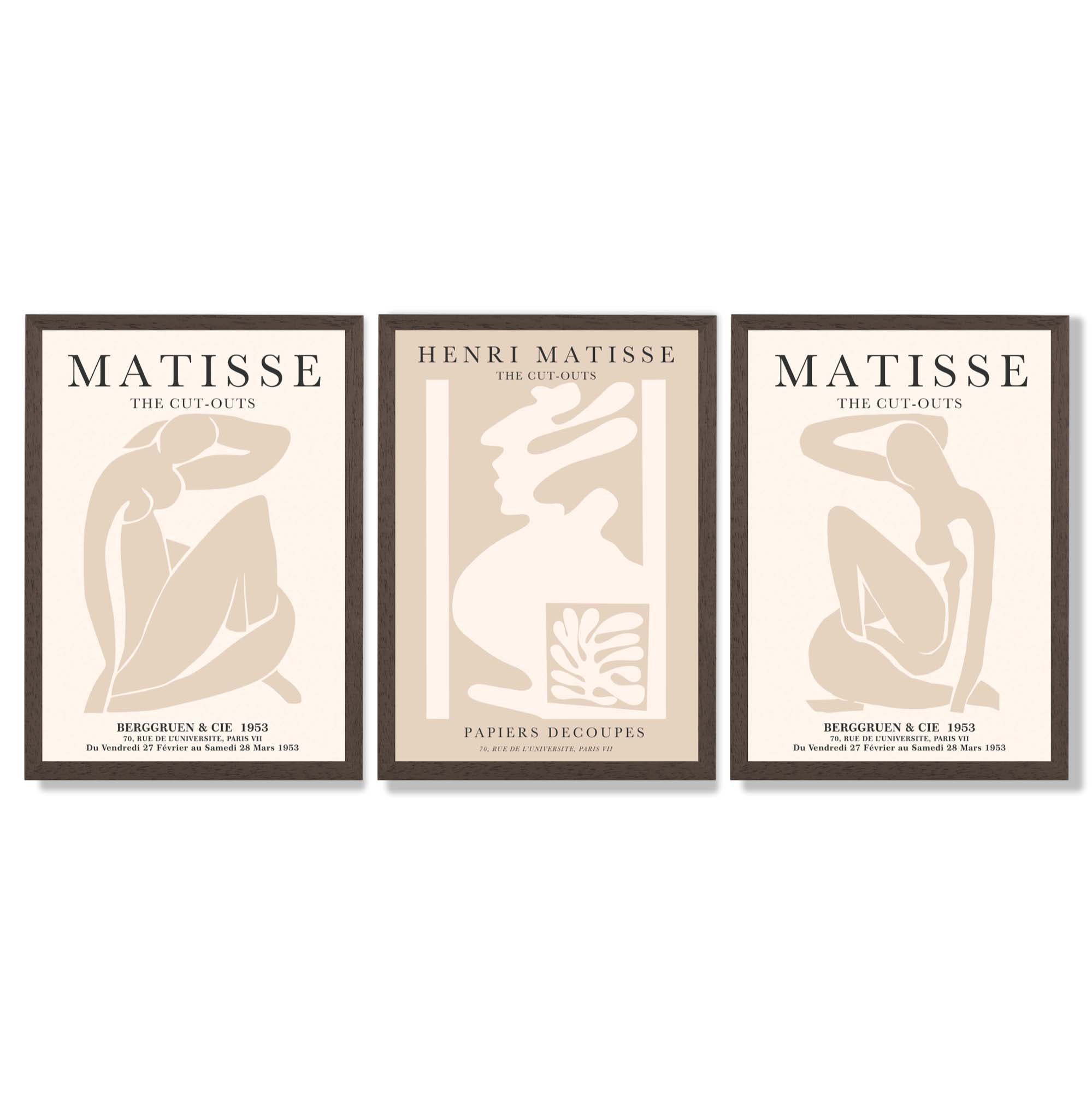 Set of 3 Matisse Neutral Fashion Bedroom Framed Wall Art with Dark Wood Frames