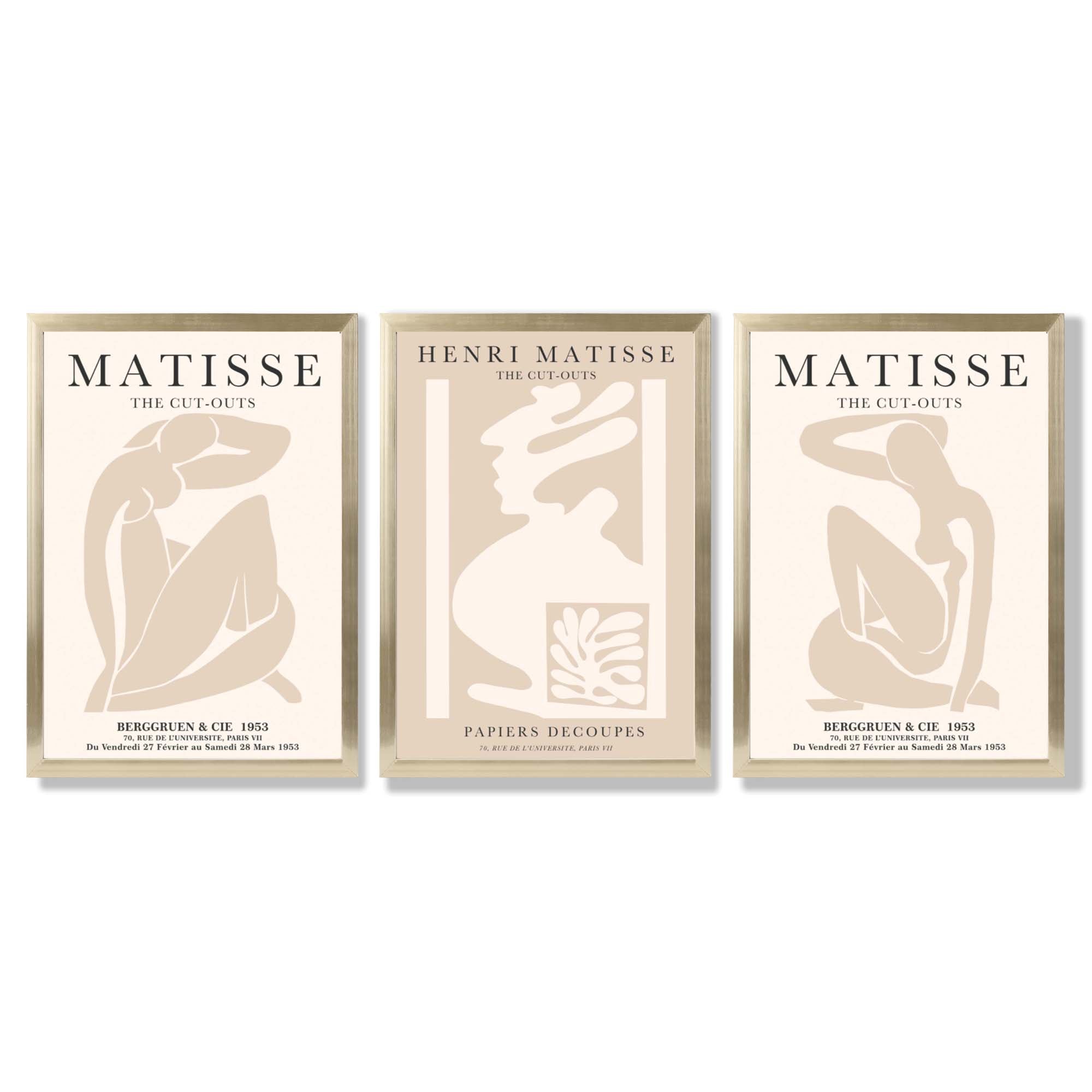 Set of 3 Matisse Neutral Fashion Bedroom Framed Wall Art with Gold Wood Frames