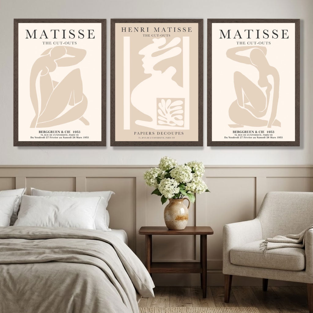 Set of 3 Matisse Neutral Fashion Bedroom Art Prints in Black Frames | Artze UK