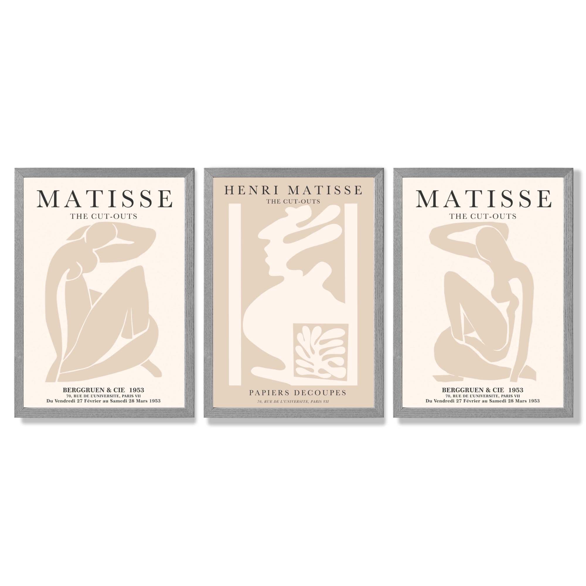 Set of 3 Matisse Neutral Fashion Bedroom Framed Wall Art with Light Grey Wooden Frames