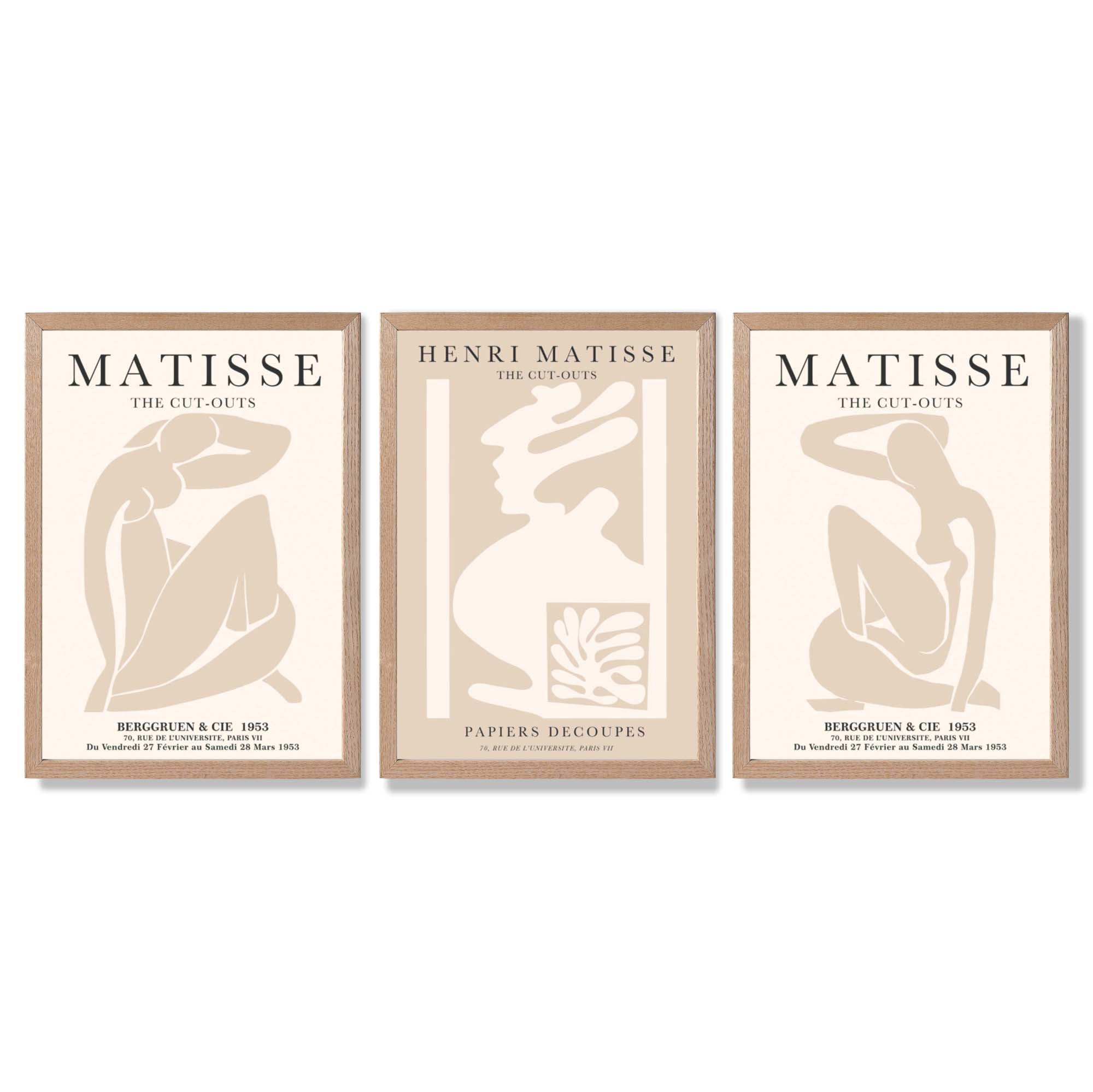 Set of 3 Matisse Neutral Fashion Bedroom Framed Wall Art with Light Oak Frames