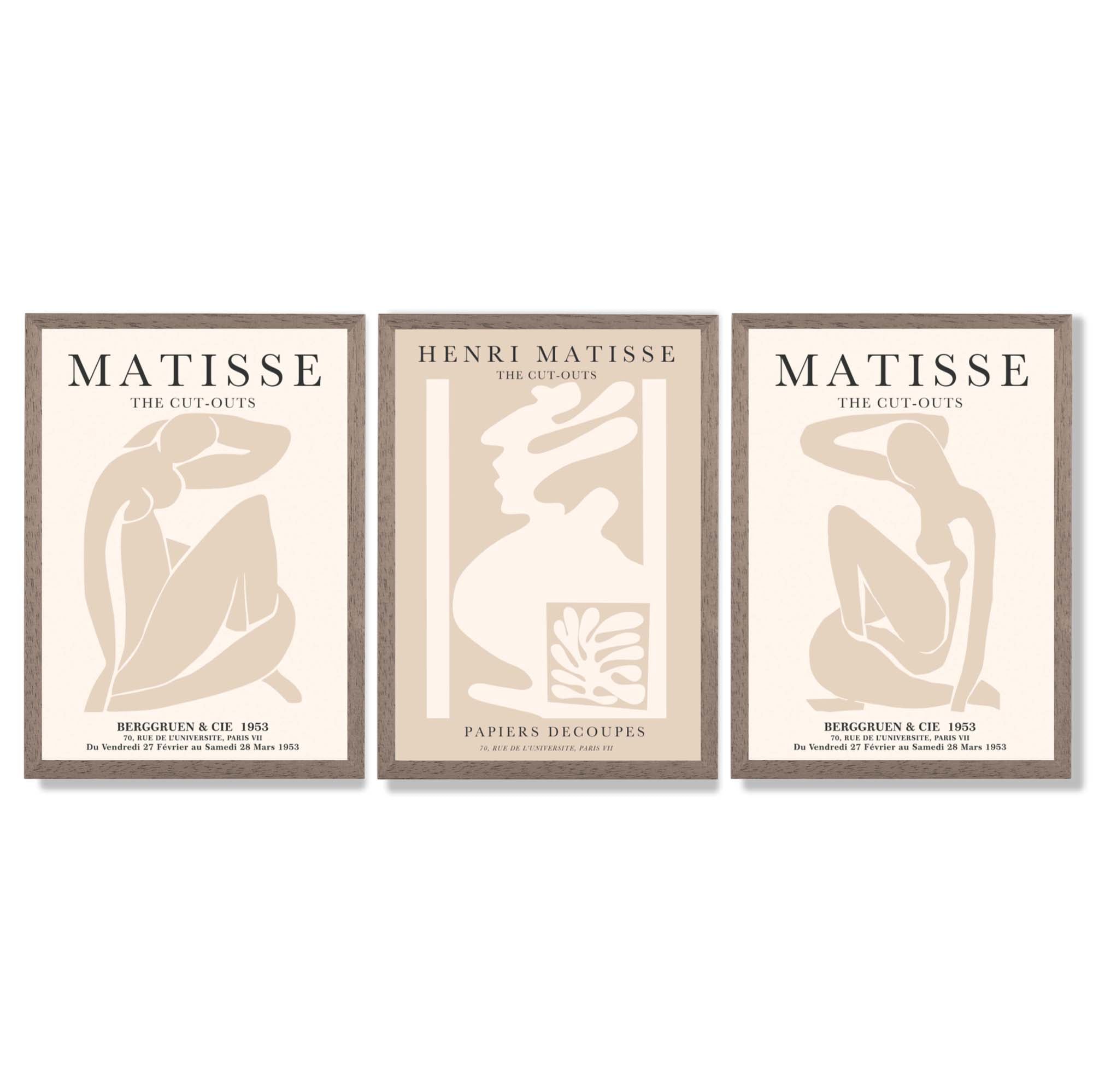 Set of 3 Matisse Neutral Fashion Bedroom Framed Wall Art with Light Walnut Frames