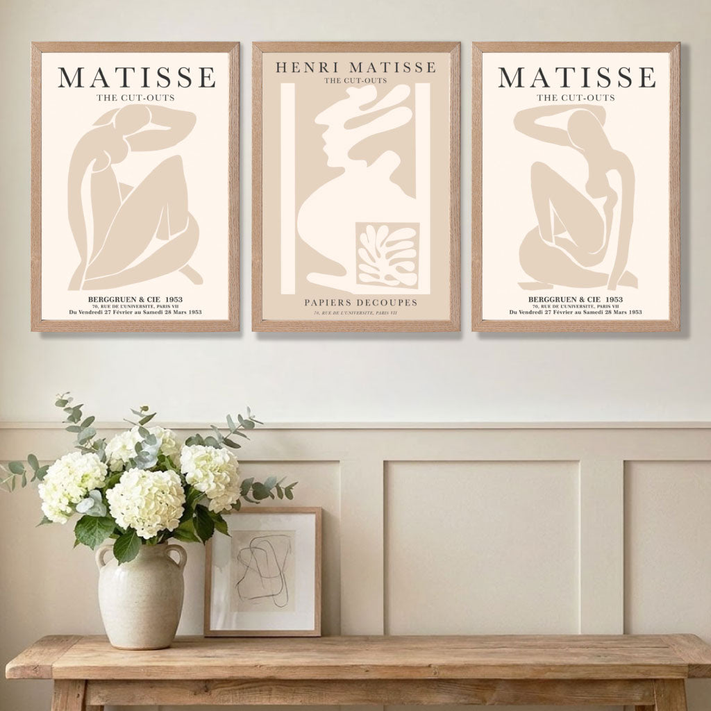 Set of 3 Matisse Neutral Fashion Bedroom Art Prints in White Frames | Artze UK