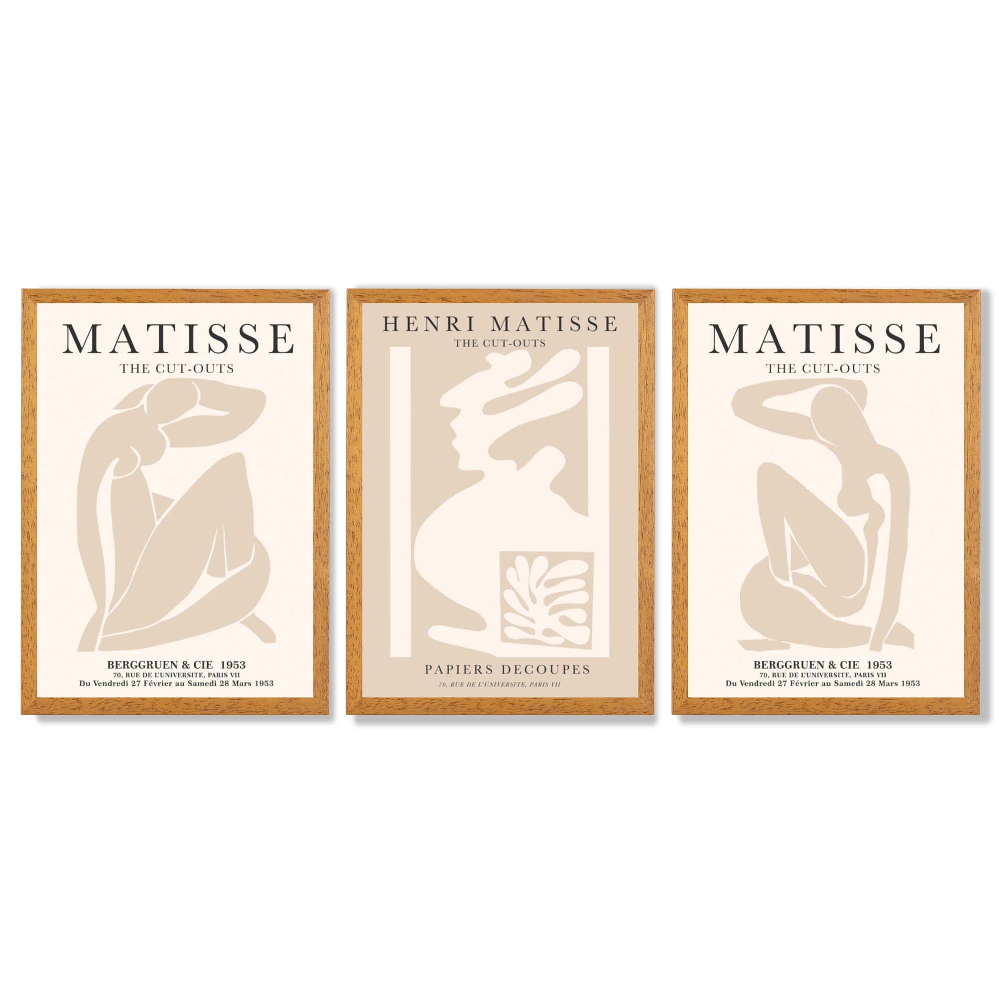 Set of 3 Matisse Neutral Fashion Bedroom Framed Wall Art with Oak Wooden Frames