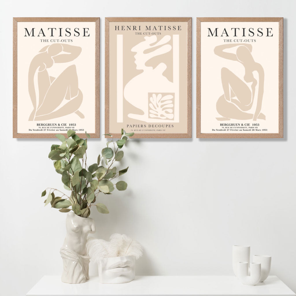Set of 3 Matisse Neutral Fashion Bedroom Art Prints in Oak Frames | Artze UK