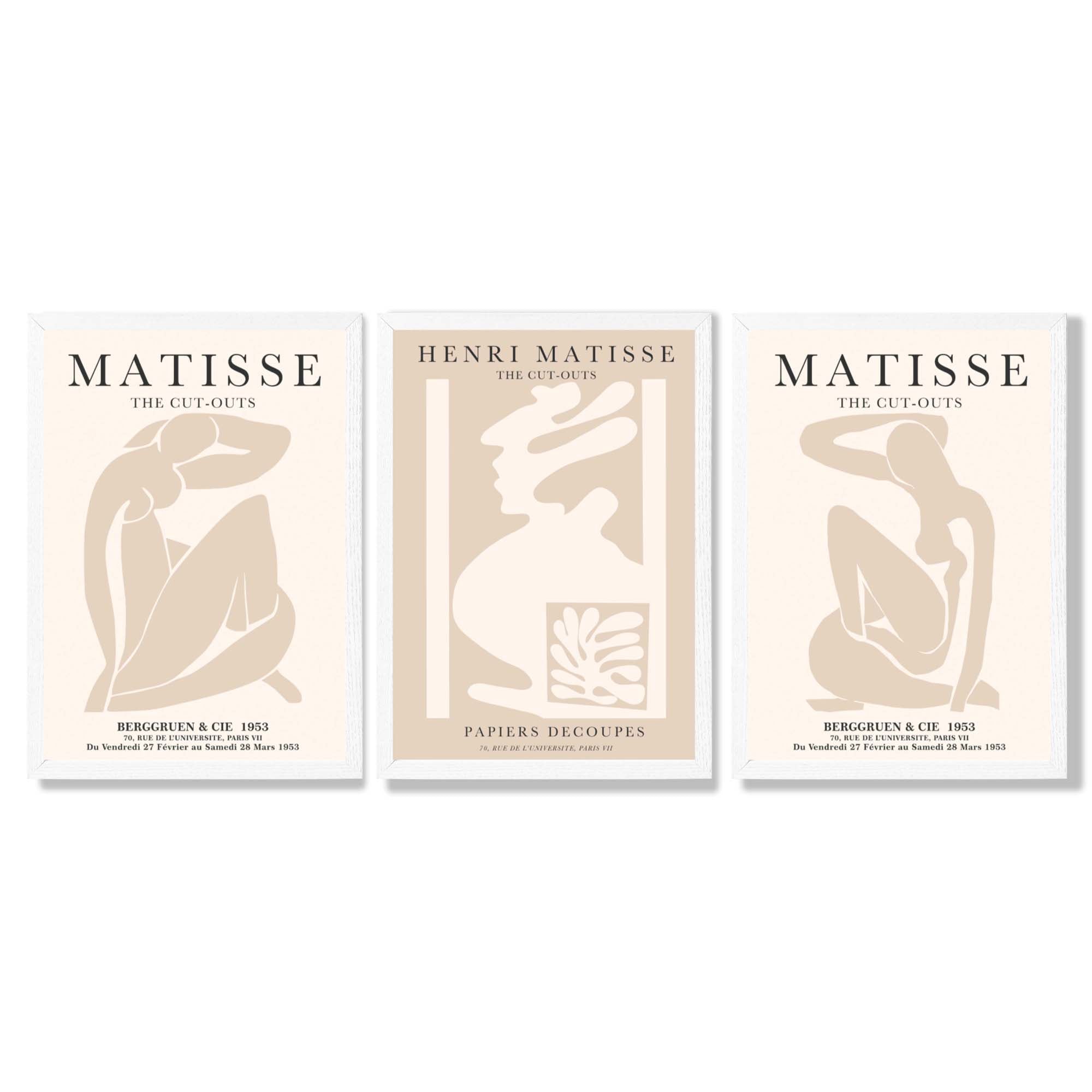 Set of 3 Matisse Neutral Fashion Bedroom Framed Wall Art with White Wooden Frames